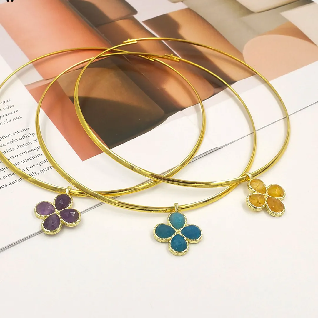 Authentic Four-Leaf Clover of Protection: Tigereye & Amethyst Charm Collar Necklace