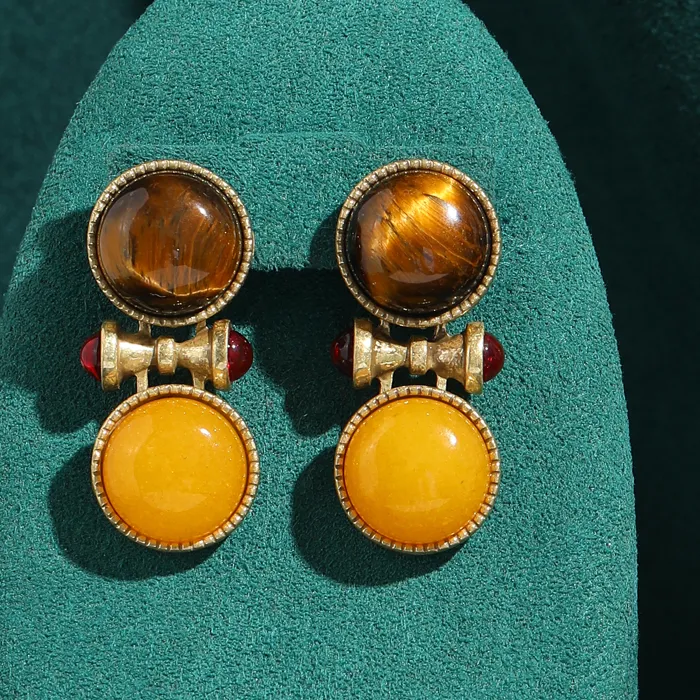 Authentic Vintage Tiger Eye Earrings Beeswax Natural Stone Dangle Antique Gold Plated Bamboo Jewelry Women Retro 2026 Music Festival Charm