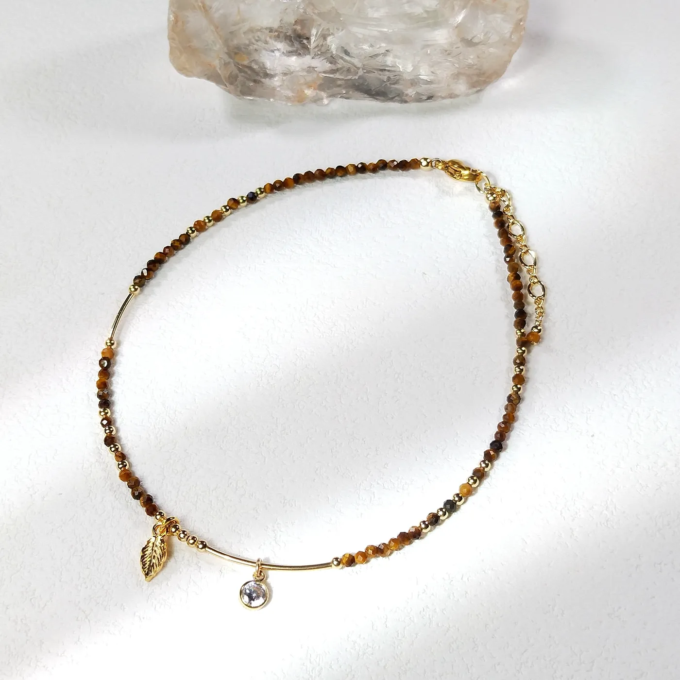 Authentic Lii Ji Natural Obsidian Tiger Eye Eagle Eye 2mm American 14K Gold Filled Charms Anklet 24+3cm