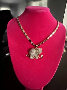 Authentic Gold plated Cable Chain Necklace, Pavé Rhinestone Elephant Charm Pendant