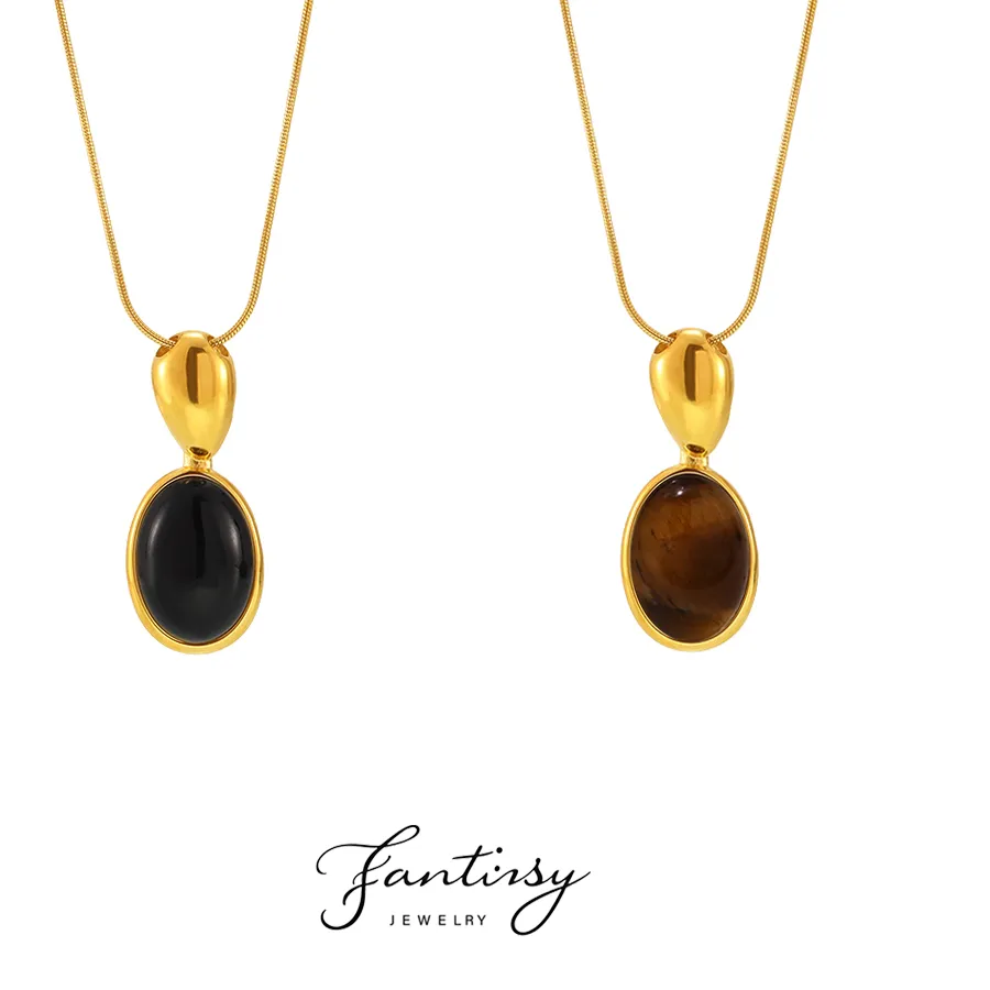 Authentic Black Agate Tiger Eye Stone Pendant Necklace Women 316 Gold Plated 100cm Adjustable Long Necklace Fahion Jewelry