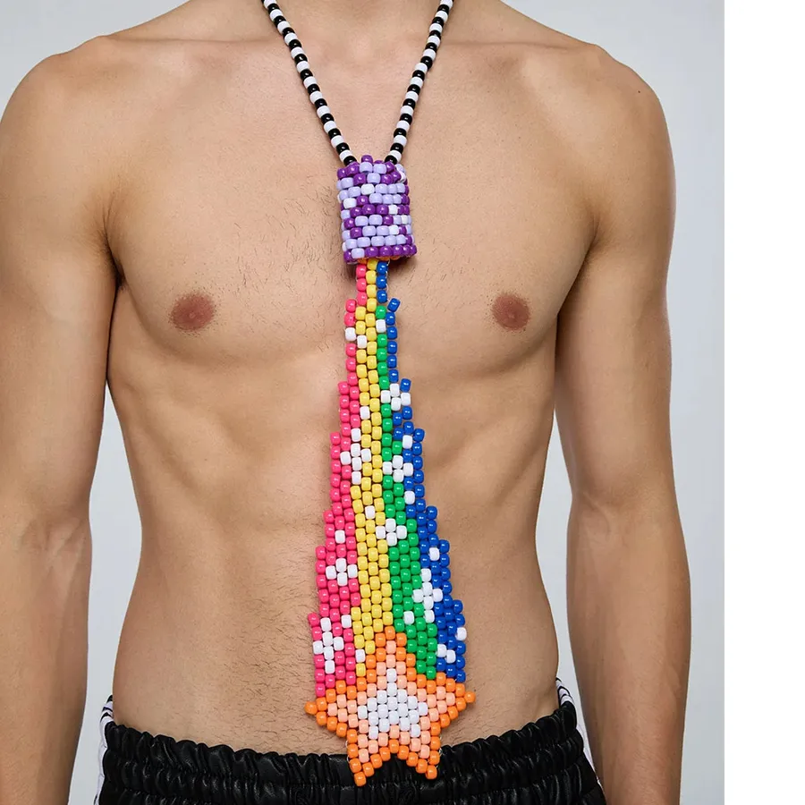 Authentic Handmade Jewelry Weaving Pony Bead Shooting Star Rainbow Beaded Tie Women Men Rave Festival Accessory Vibrant Kandi Necktie