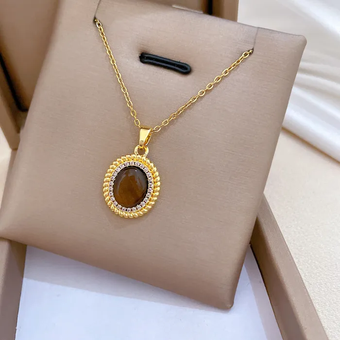 Authentic Vintage Tiger Eye Stone Zircon Pendant Necklace Women 18K Gold Plated Stainless Steel Chain Charm Jewelry for Daily Party Gift