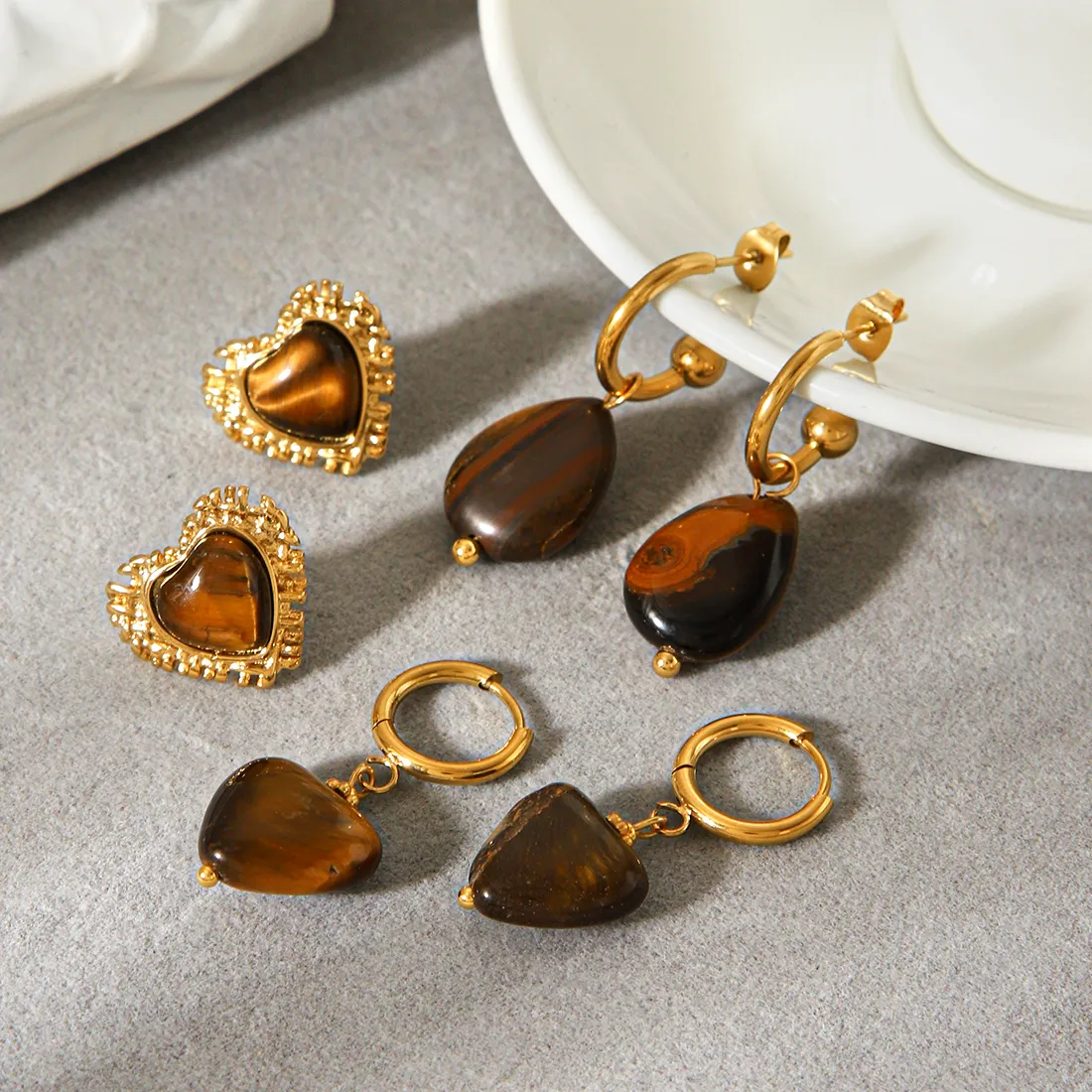 Authentic Trendy Gold Tiger Eye Dangle Earrings Set Women's Heart Teardrop Charms Waterproof Tarnish Resistant Daily Party Jewelry