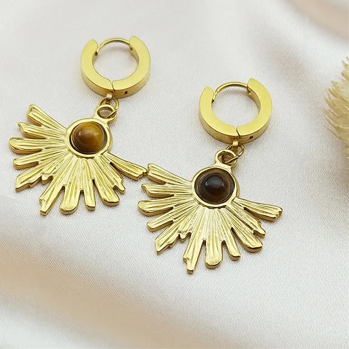 Authentic Bohemia Flower Hoops Earrings for Women Gold Color Stainless Steel Tiger Eye Stone Trend Female Elegant Charm Earring Jewelry