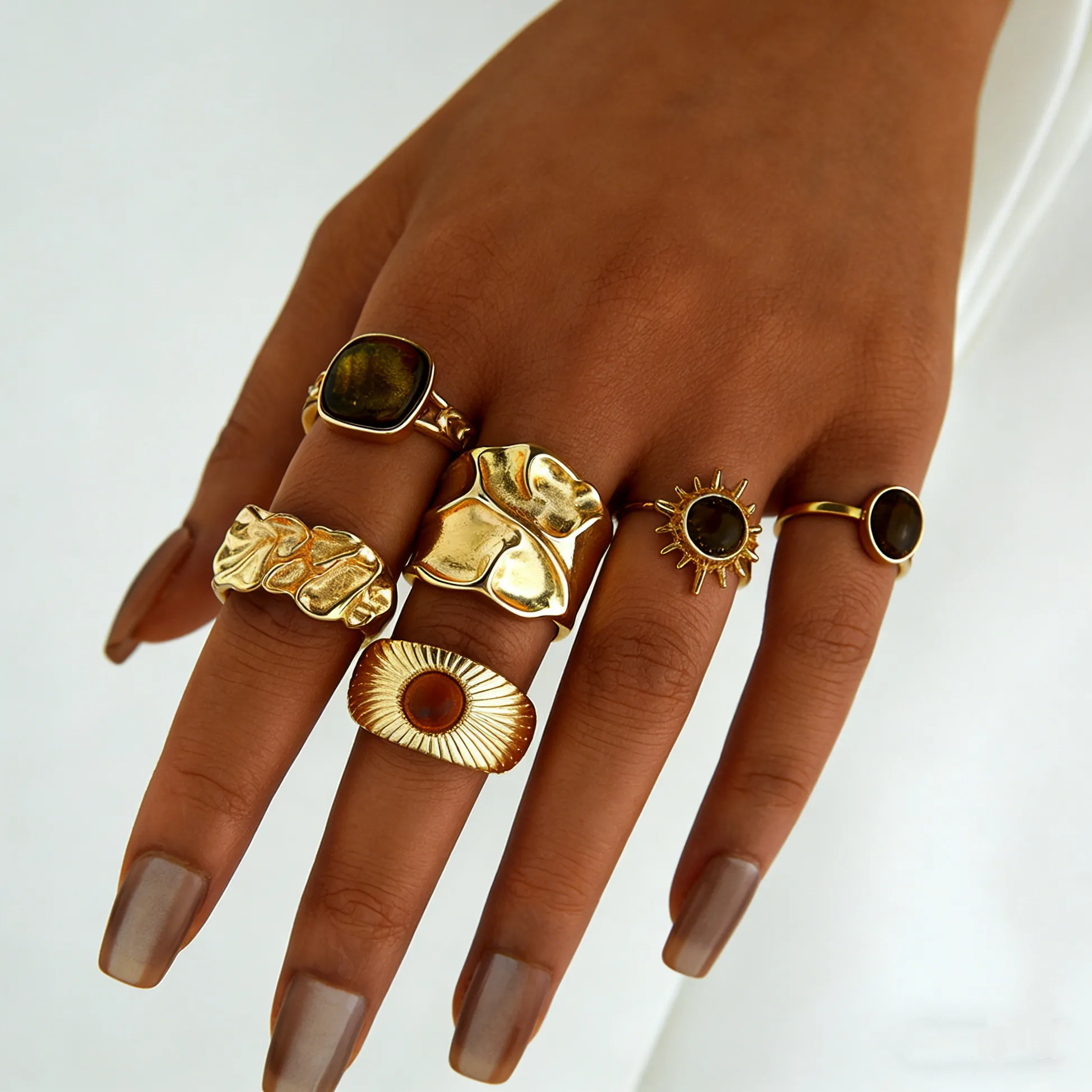 Authentic 6 Pcs Set Vintage Tiger Eye Stone Ring Set for Women Fashion Gold Color Irregular Sun Flower Open Rings Boho 2026 Jewelry Gifts