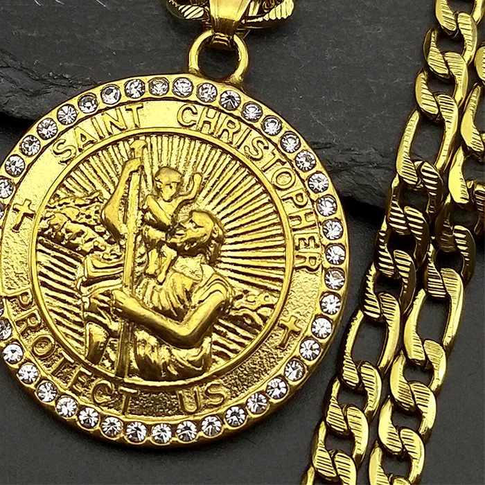 Authentic St.christopher Protect Us Medal Rhinestones Necklace Saint Christopher Gold Color Christian Man Chain Jewelry