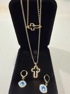 Authentic Yellow Gold Plated Evil Eye Cross Pendant Necklace & Earrings Set Adjustable