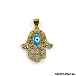 Authentic 14k Gold Plated Evil Eye Hamsa Hand Pendant Mal De Ojo Collar Dije Oro Laminado