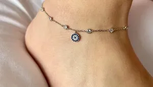 Authentic 2CT Round Cut Lab Created Sapphire Women's Evil Eye Anklet 14K White Gold Plated