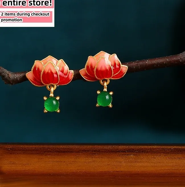 Authentic Red Lotus Jade Drop Earrings Floral Enamel 18K Gold Plated Boho Statement Studs
