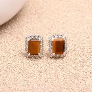 Authentic Natural Tiger Eye Octagon Stud Earrings 925 Sterling Silver Moissanite Jewelry