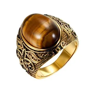 Authentic Men's Gold Plated Patterned Tiger's Eye Stone Ring Band #7-12