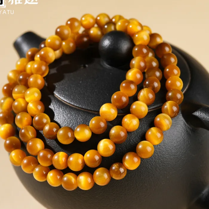 Authentic Necklace, Round Bead, Golden Tiger Eye Stone Buddha Pendant Chain, Elegant Men's