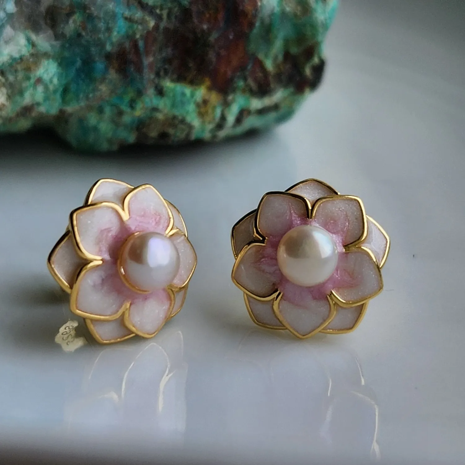 Authentic Luminous Lotus Petal Gold-Plated Pearl Studs