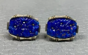 Authentic Vintage Carved Lotus Flower Blue Agate Yellow Gold Plated Cuff Links