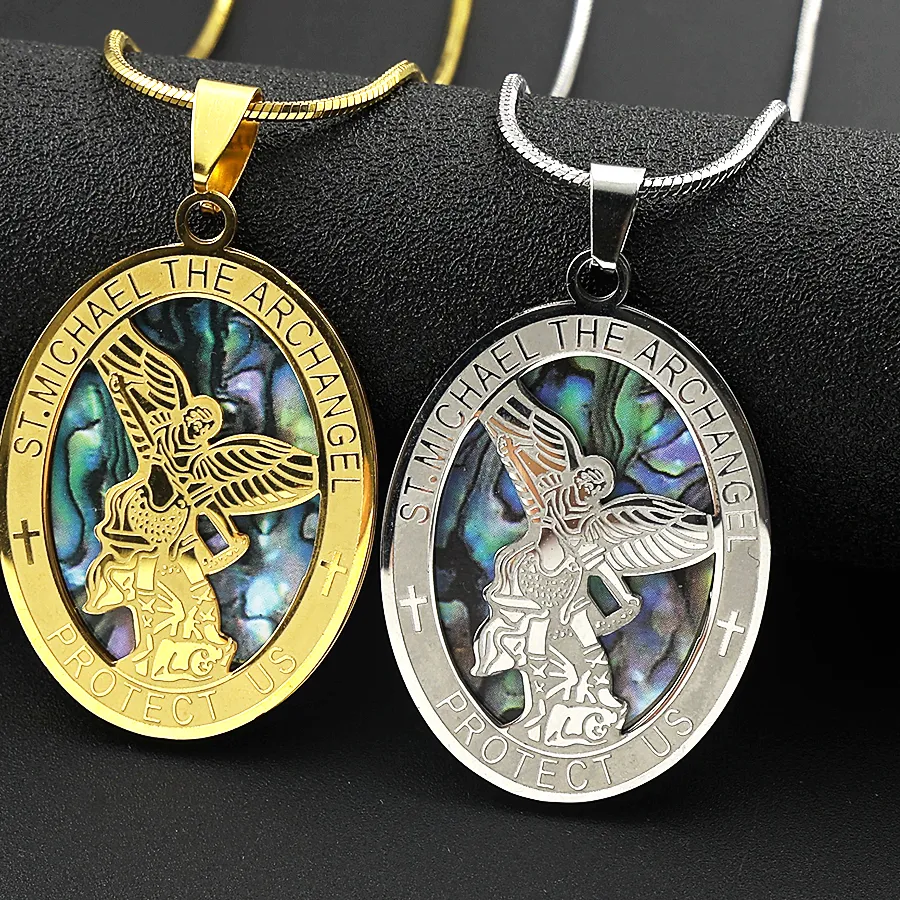 Authentic Archangel St.Michael Protect Us Oval Pendant Necklace for Women Men Christian Saint Michael Chain Jewelry