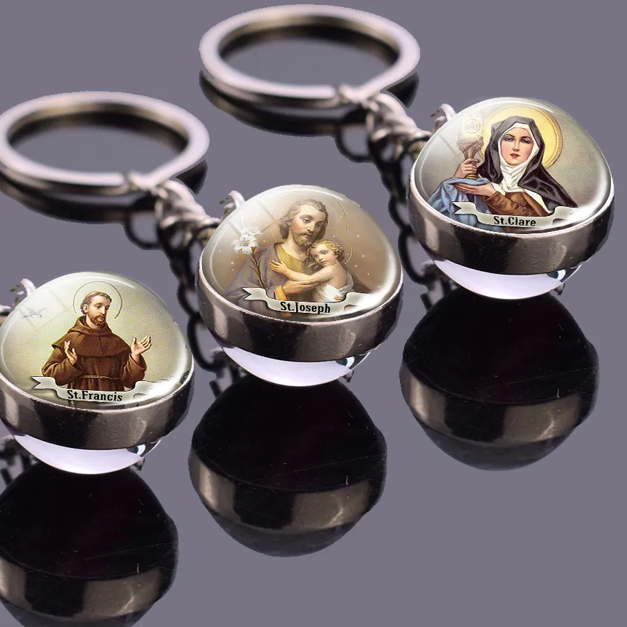 Authentic Religious Keychain St Francis Double Sided Key Chains Catholic Glass Ball Pendant Keyring Jewelry Keychain Jesus Christian Gifts