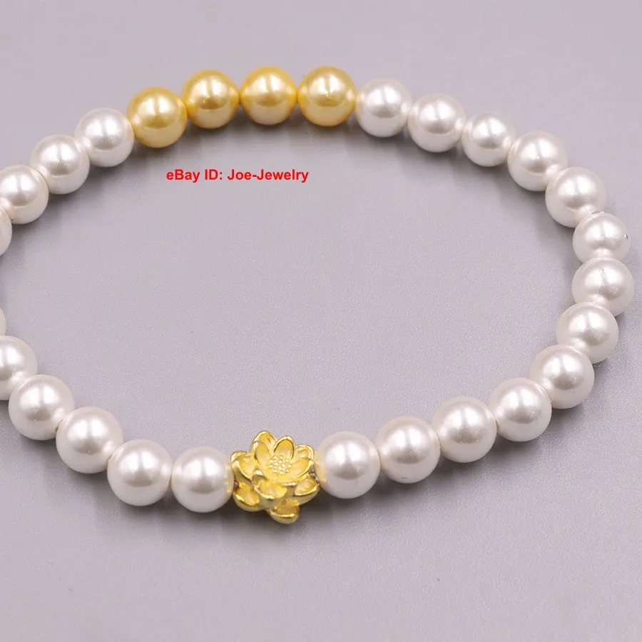 Authentic Gold-Plated Real 999 Fine Silver Lotus Flower and Mother of Pearl Bead Bracelet