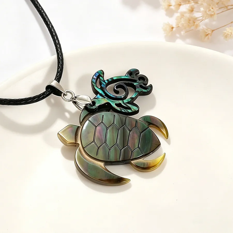 Authentic Maori Tribal Natural Abalone Shell Sea Turtle Pendant Necklace Tortoise Leather Cord Boho Beach Ocean Jewelry for Women