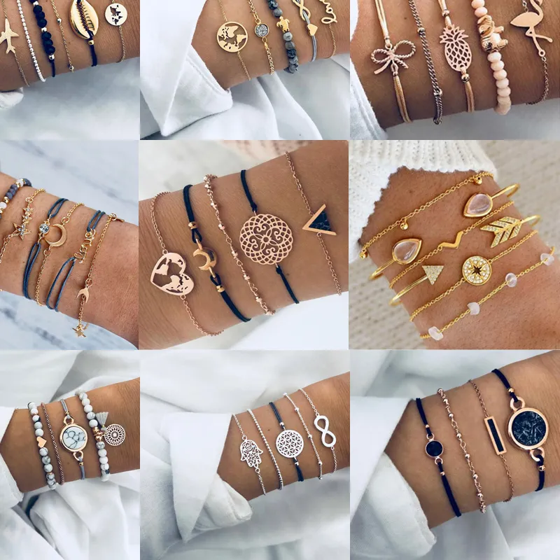 Authentic Design Vintage Women Boho Bracelets Set Moon Shell Heart Tortoise Charm Beads Chains Bangle For Female Bohemian Jewelry