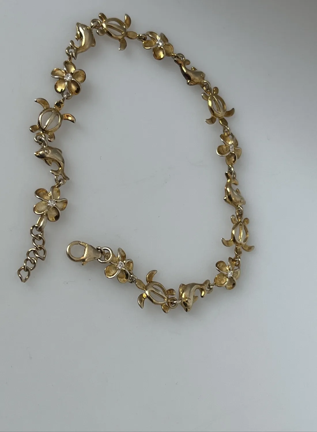 Authentic 925 Gold Plated Turtle Dolphin Lotus Flower Bracelet 8" with extender 10a