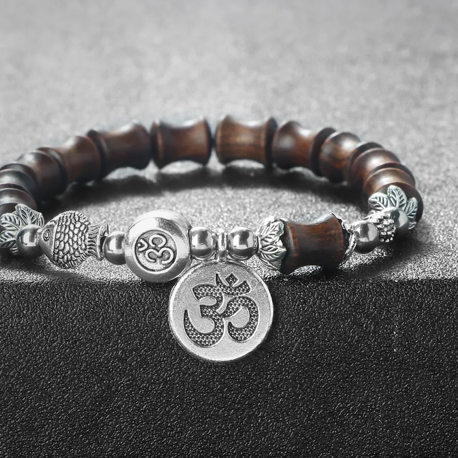 Authentic Chinese Style Vintage Bamboo Joint Beaded Bracelets For Women Men OM Symbol Pendant Natural Wooden Beads Bracelet Ethnic Jewelry