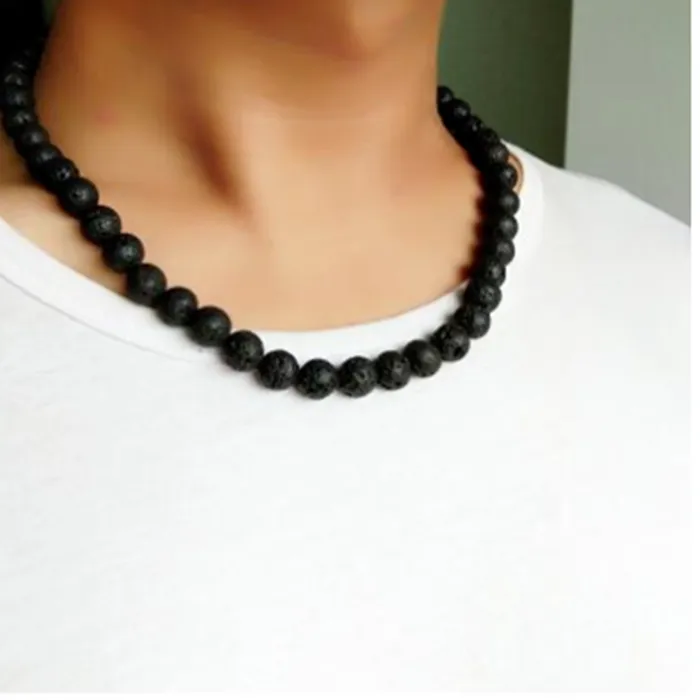 Authentic Trendy Men Necklace 6/8mm Black Lava Stone Yellow Tiger Eye Choker Rock Beads Necklace Men Jewelry Handmade Collar