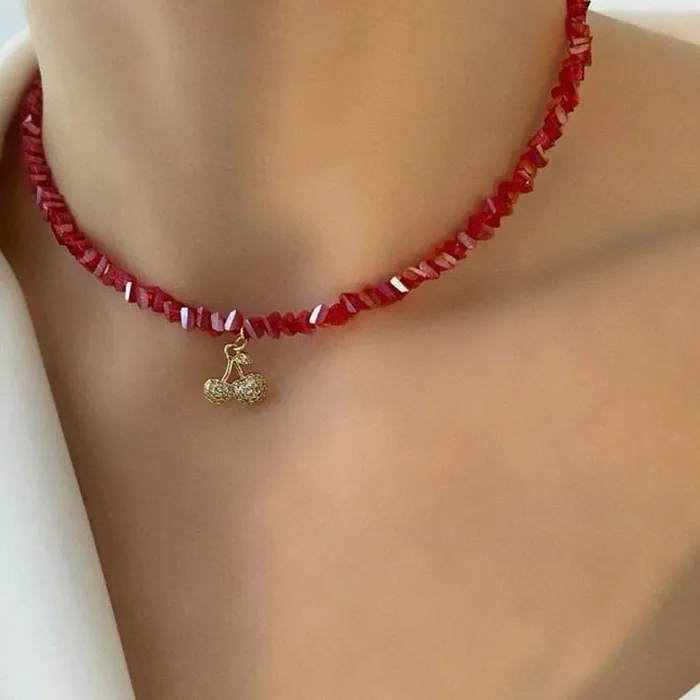 Authentic Exaggerated Baroque Red Transparent Crystal Chain With Sexy Zircon Cherry Pendant Necklace For Women Wedding Praty N0541