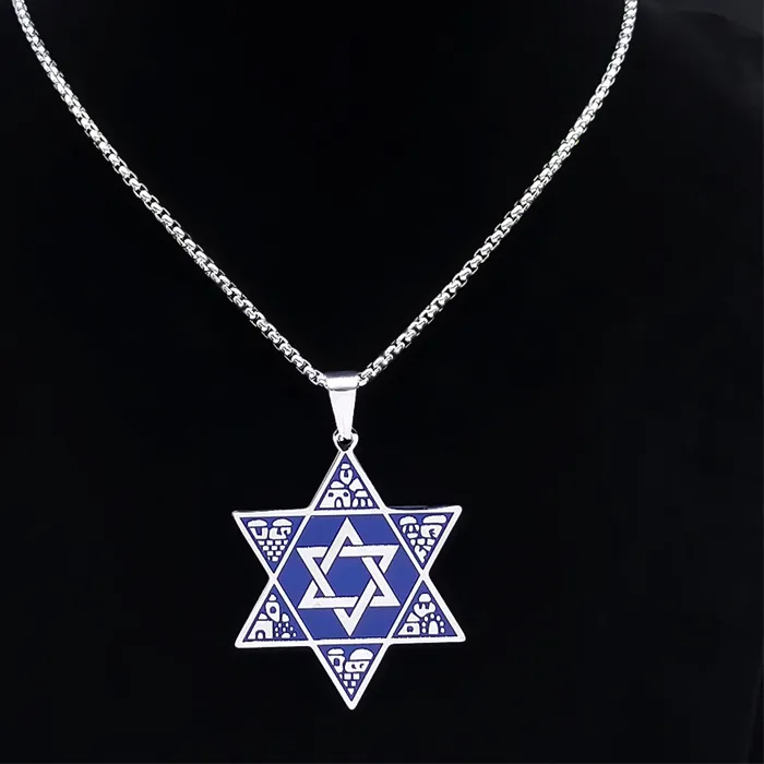 Authentic Jewish Hexagram Judaica Symbol Blue Color Pendant Necklace Star Of David Shield Necklaces Jewelry Colar N2808S02