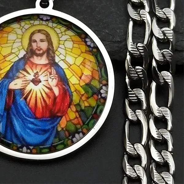 Authentic Sacred Heart of Jesus Medal Round Pendant Necklace for Women Men Christian Talisman Protection Religious Jewelry