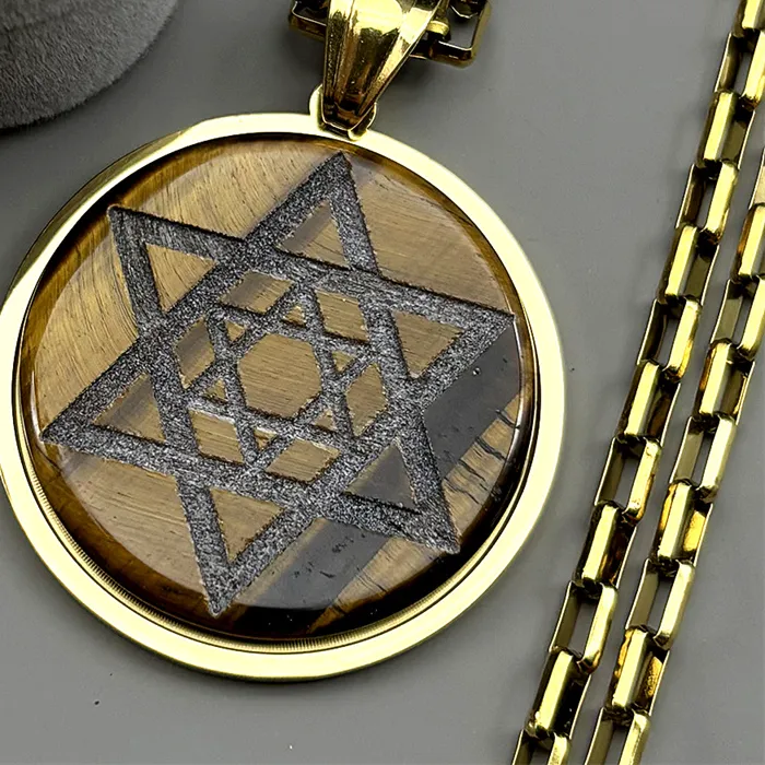Authentic Natural Stones Jewish Hexagram Symbol Pendant Necklace Gold Color Judaism Star of David Shield Magen Jewelry