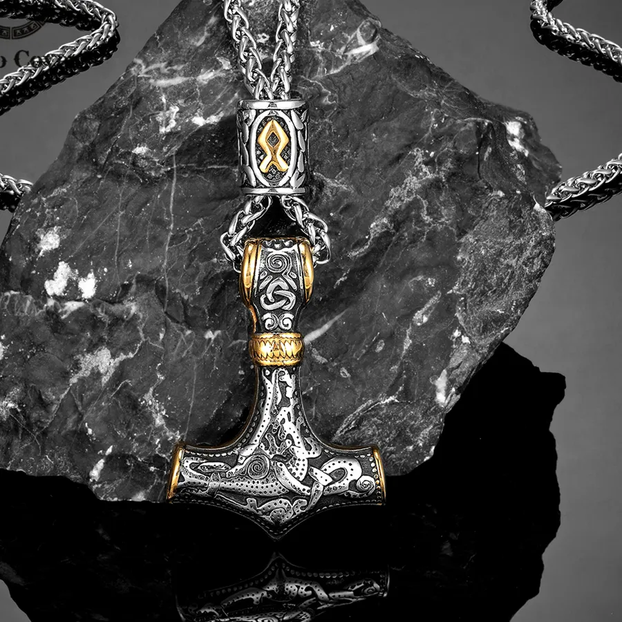 Authentic Gold Plated Norse Runes Beads Thor's Hammer Necklaces Men's Stainless Steel Mjolnir Pendant Vikings Anchor Amulet Male Jewelry