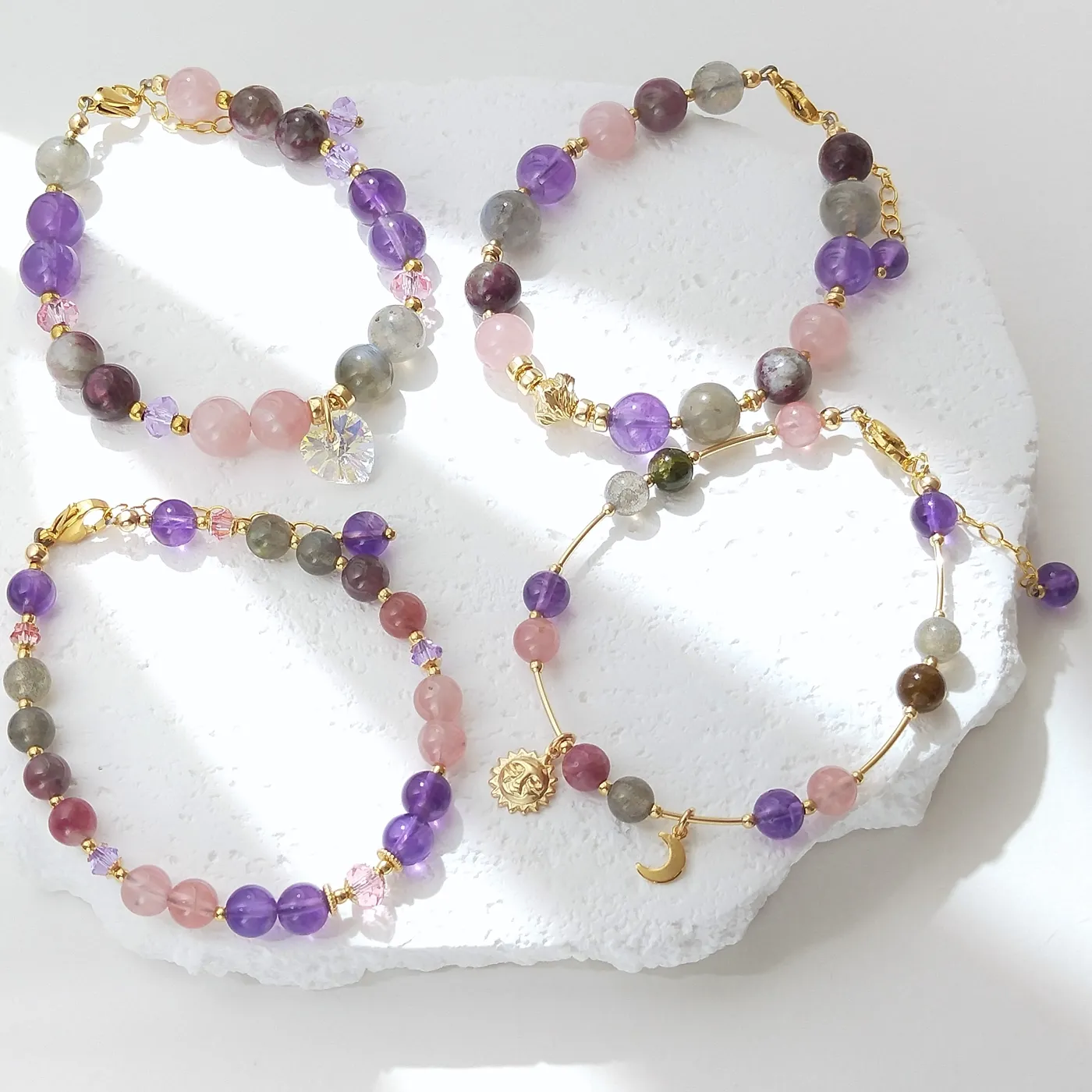 Authentic Empowered Harmony: Tourmaline, Rose Quartz, Amethyst, and Labradorite Converge in Golden Bliss