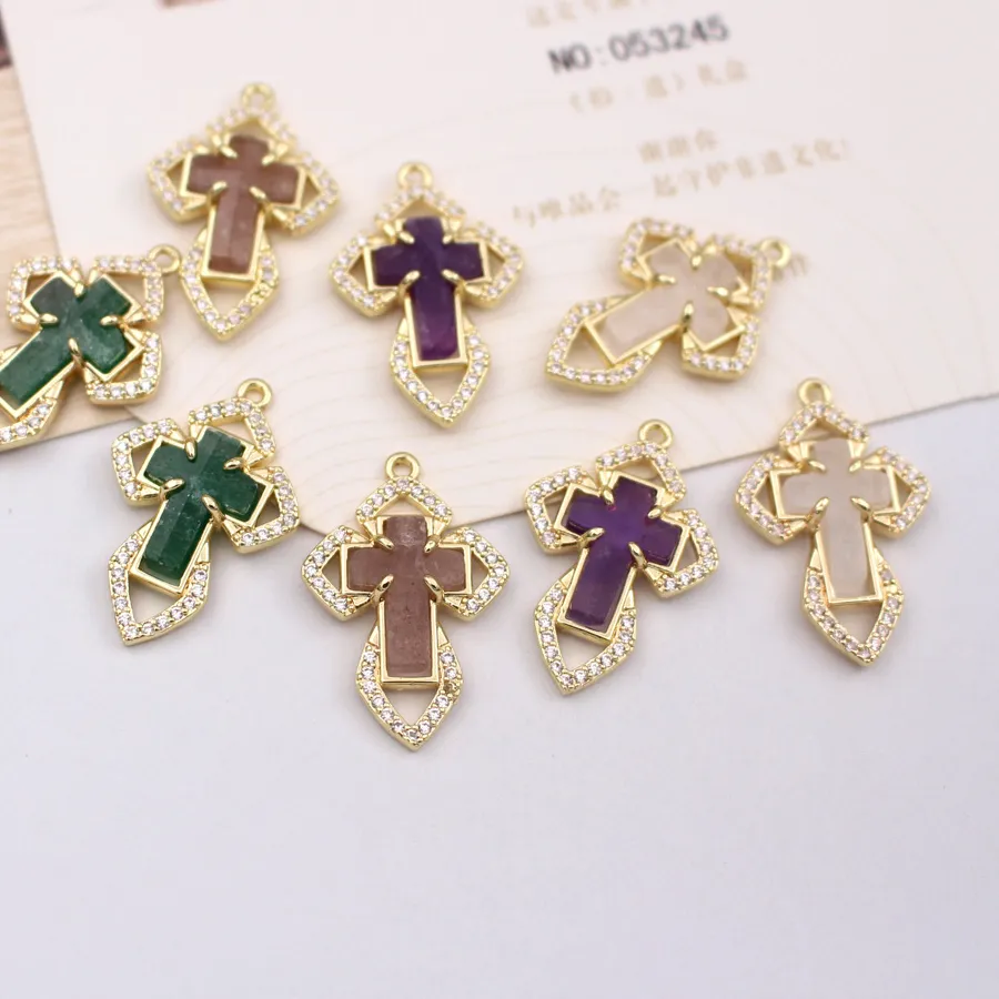 Authentic 6pcs DIY Jewelry Accessories Natural Green White Rose Quartz CZ Zirconia Cross Shape Stone Pendant Charms for Earrings Necklace