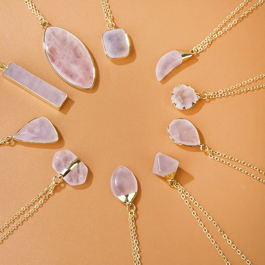 Authentic Rose Quartzs Pendant Necklaces Rectangular Round Rose Quartzs Charm Necklace 18K Gold Color Plated Chain Necklace for Women