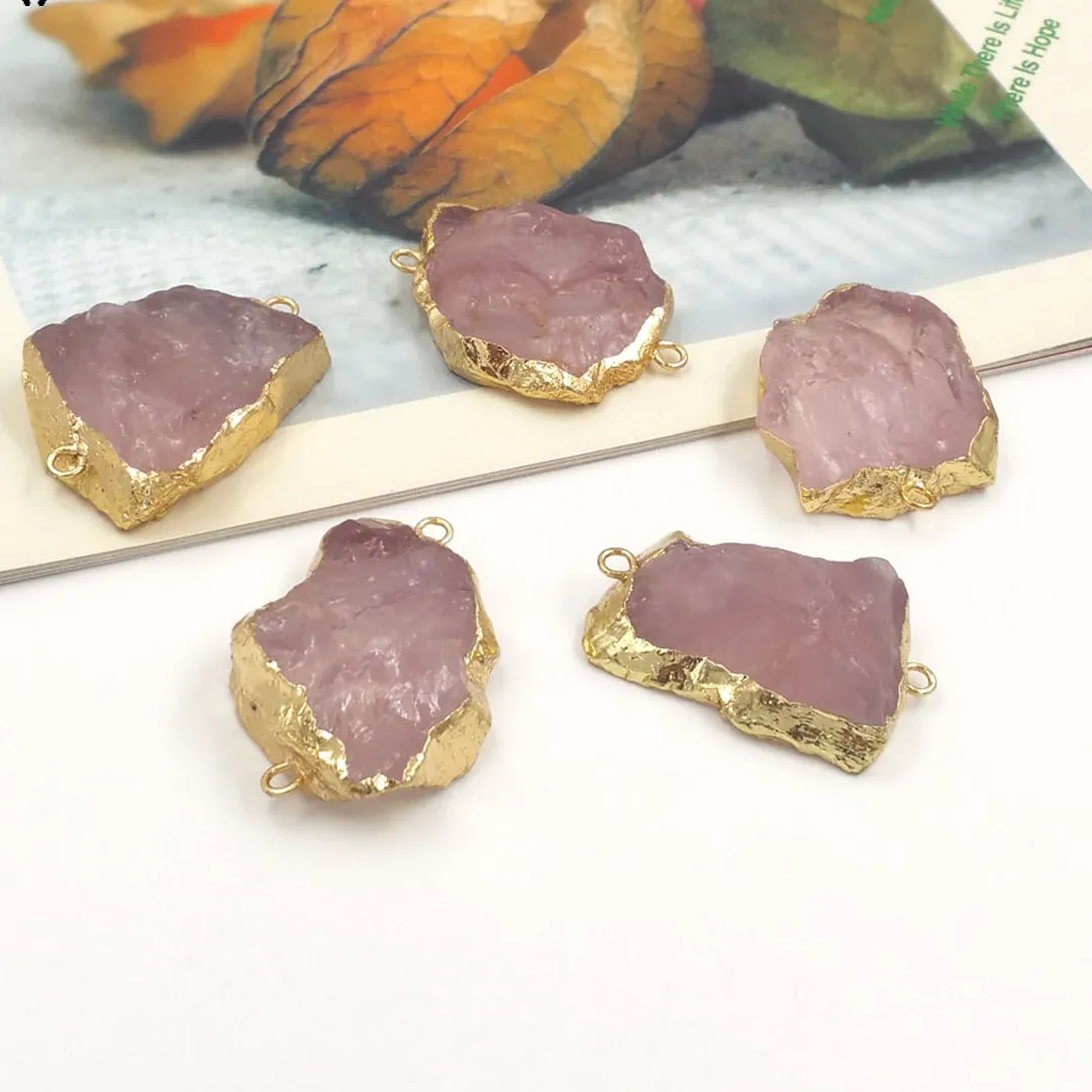 Authentic WT-C332 WKT New  Arrival Natural Rose Quartz  With  Gold Plated Connector Pendant  For Laddy DIY Making Jeweley