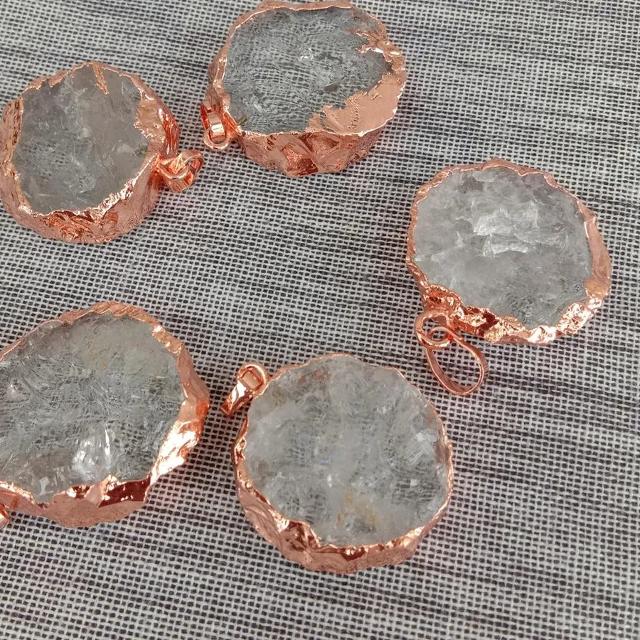 Authentic Celestial Rose‑Gold Crystal Coin Pendants – 5‑Piece Raw Quartz Aura Talismans