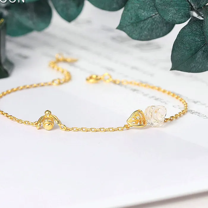 Authentic LAMOON 925 Sterling Silver Bracelet For Women Rose Bee Rose Quartz Gemstone Charm Bracelet 14K Gold Plated Fine Jewelry LMHI066