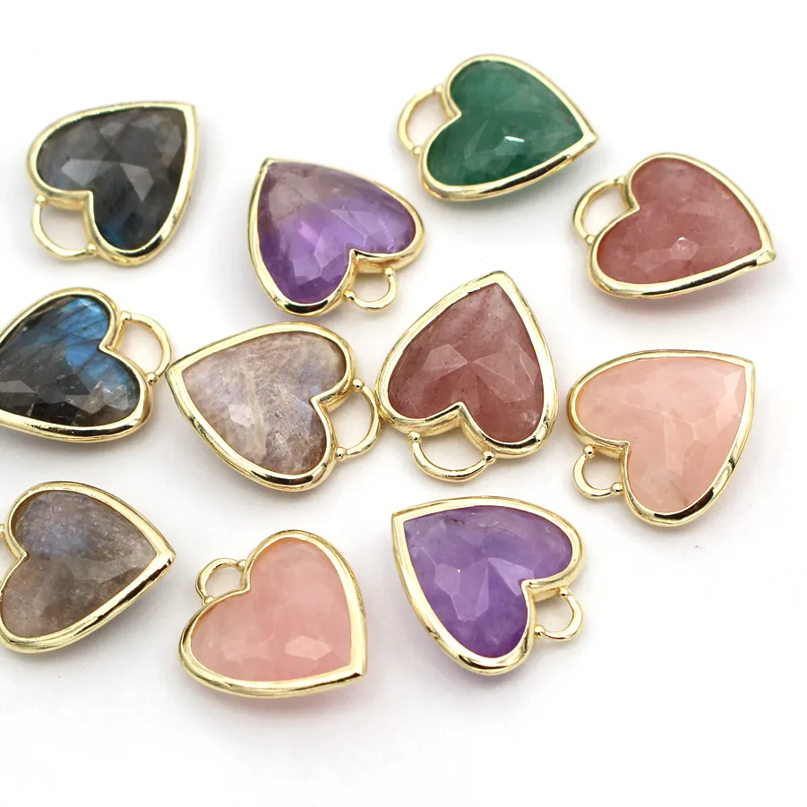 Authentic 6pcs Gold Plated Natural Stone Pendants Rose Quartz Amethyst Stone Love Heart Charms DIY Stone Bracelet Necklace Making