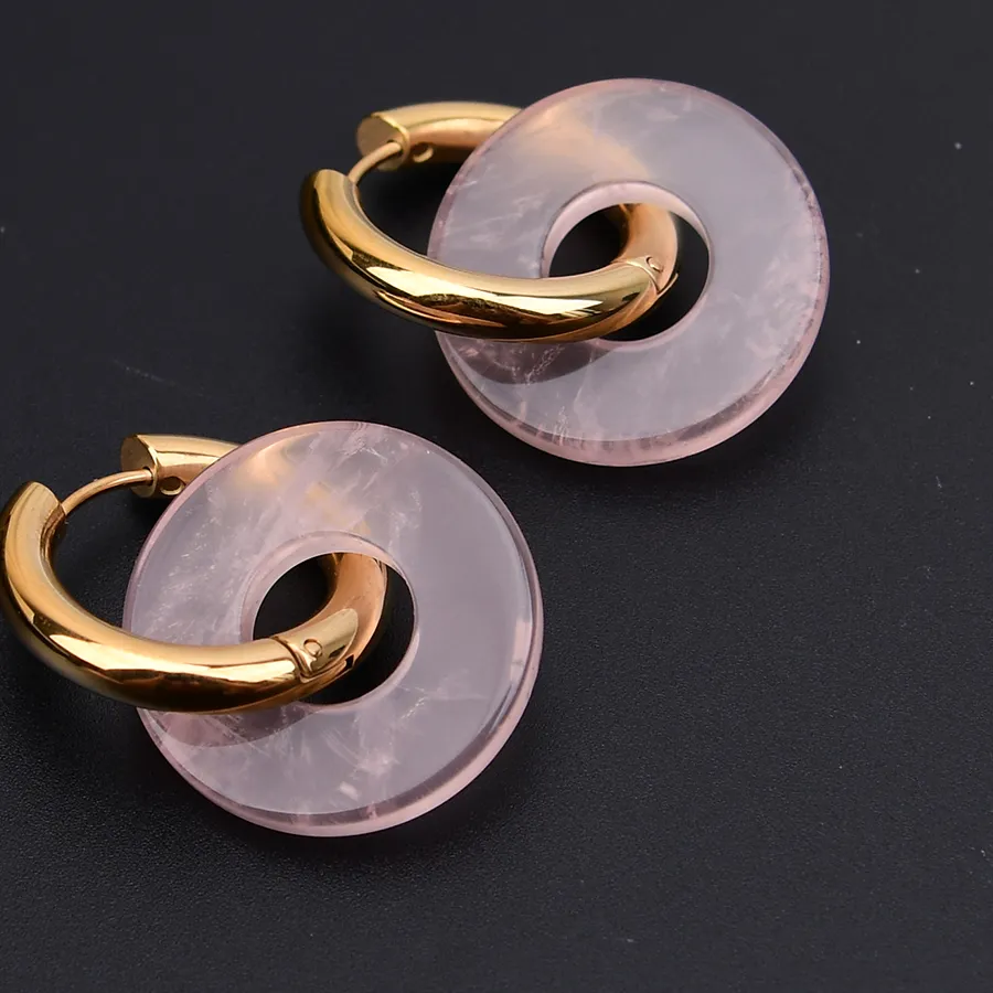 Authentic G-G 25mm Natural Pink Rose Quartzs Circle Charms Gold Plated Big Hook Dangle Earrings