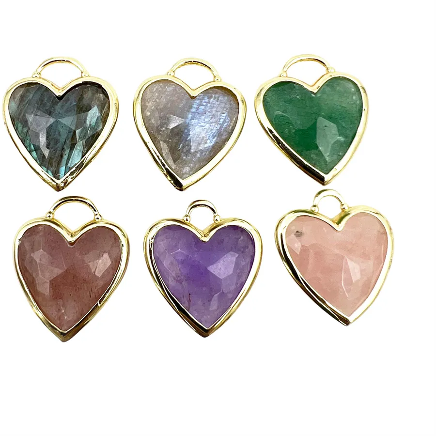 Authentic 1pc Crystal Heart Pendant, Gold Plated Bezel Stone Jewelry, Gemstone Charm For Necklace Earring Rose Quartz Moonstone Amethyst