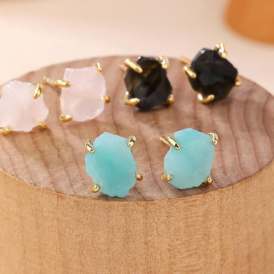 Authentic Mankuu S925 Sterling Silver Ear Stud Rose Quartz Amazonite Black Agate Irregular Women 18k Pure Gold Plated Claw Charms Earrings