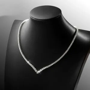 Authentic Full VVS1 Moissanite V Shaped Tennis Necklace Women Choker 18K White Gold Plated
