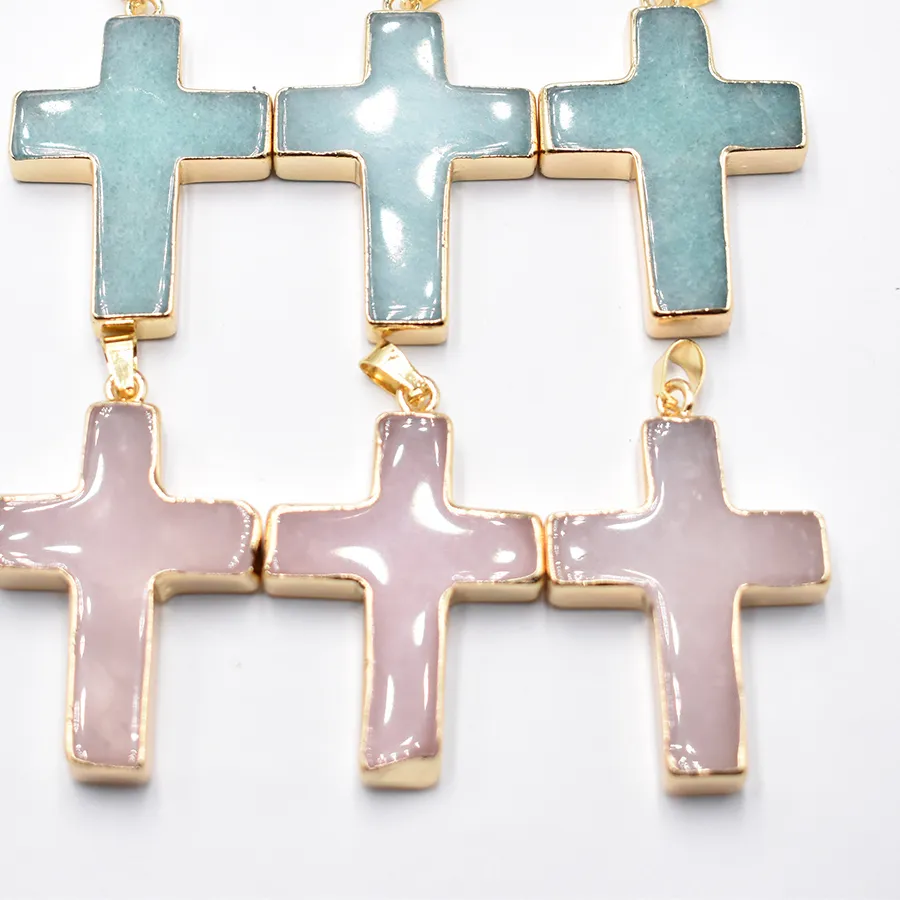 Authentic Natural stone rose quartz Gold plated edge large cross charms pendants for Necklaces jewelry making 6pcs/lot