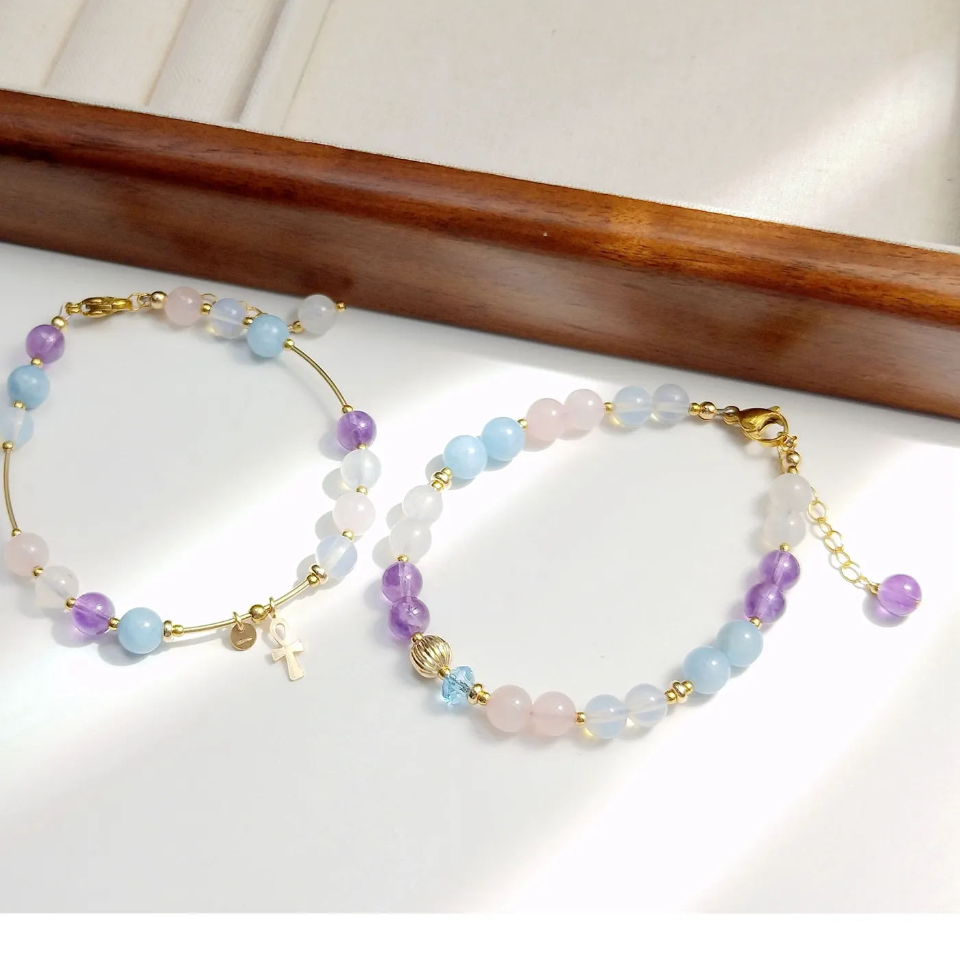 Authentic Lii Ji Moonstone Aquamarine Rose Quartz Amethyst Opalite 6mm American 14K Gold Filled Charms Bracelet Handmade Jewelry