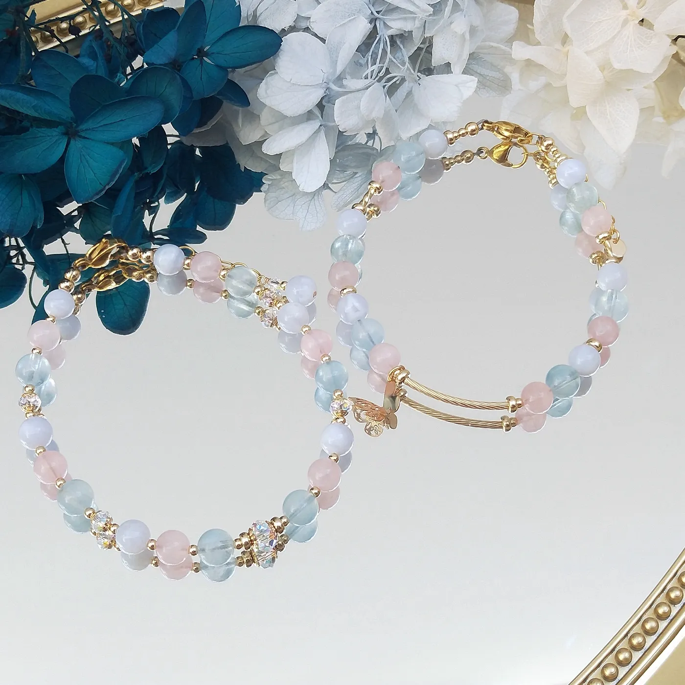 Authentic Lii Ji Natural Stone Rose Quartz Aquamarine Blue Lace Agate 6mm 18+3cm 14K Gold Filled Charms Bracelet Handmade Fashion Jewelry