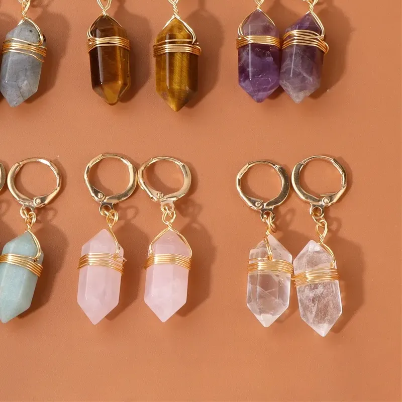 Authentic Natural Hexagonal Stone Earrings Rose Quartzs Amethysts Mineral Stone Earrings for Women Gold Color Metal Charm Earrings Jewelry