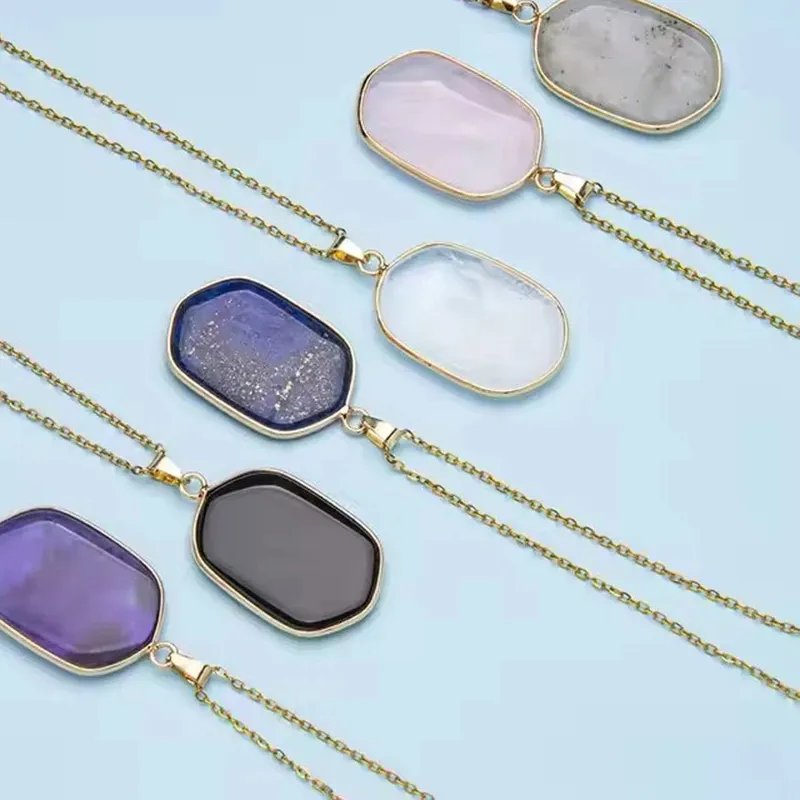 Authentic Natural Crystal Stone rose quartz amethyst geometric figure agate Pendant Necklace gold Chain Gemstone Jewelry