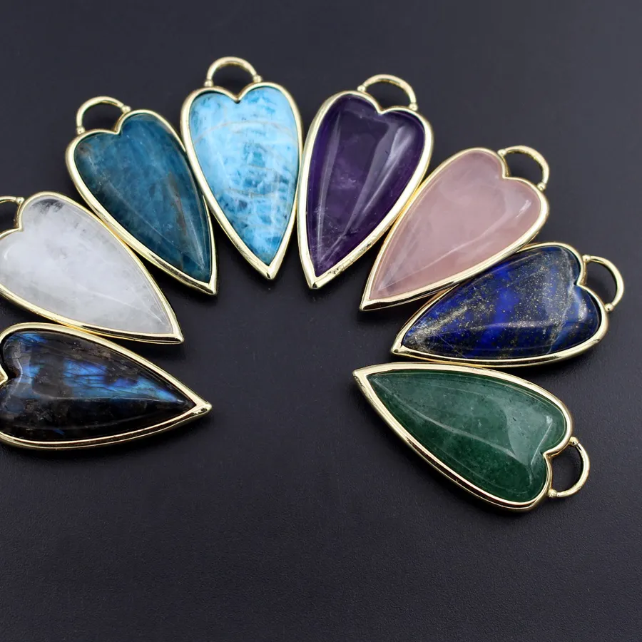 Authentic 3pcs Gold Plated Arrow Shape Natural Stone Pendants Rose Quartz Amethyst Sun Stone Head Healing Point Pendant Charms